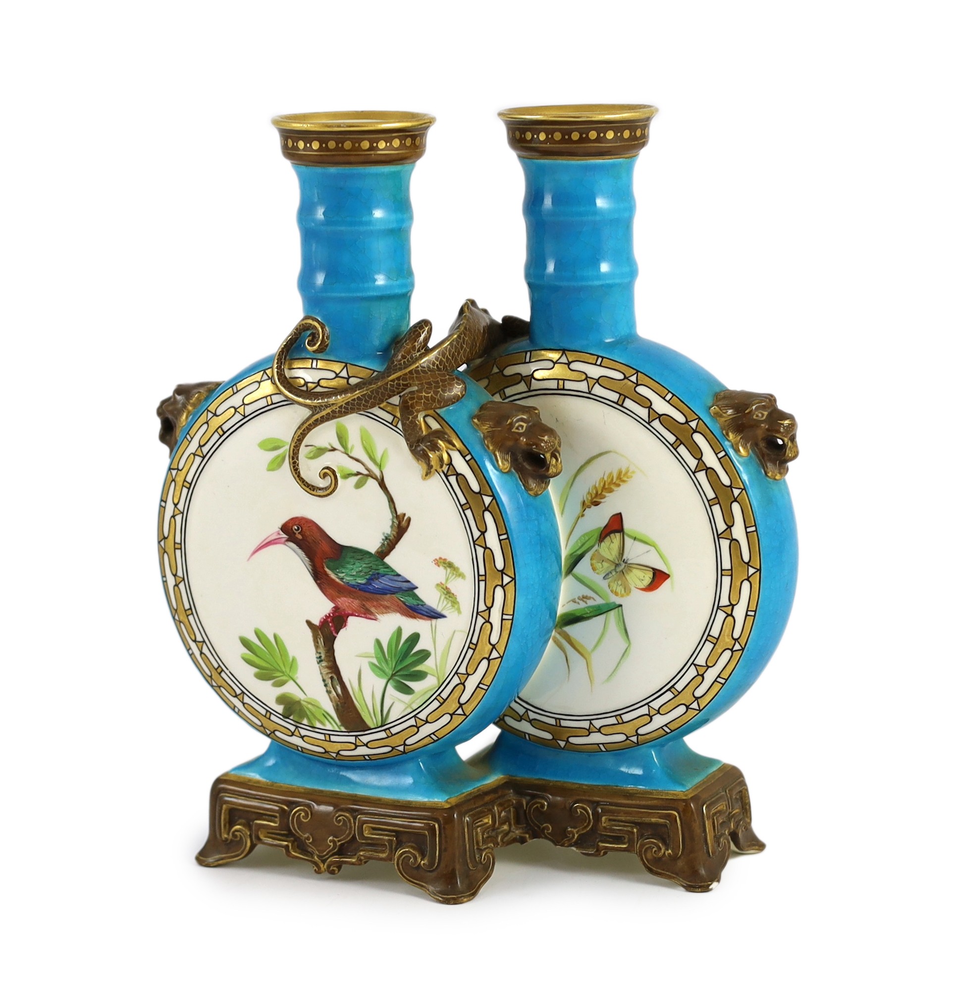 A rare Mintons Aesthetic period porcelain double moon flask, manner of Dr. Christopher Dresser, 21.8cm high
